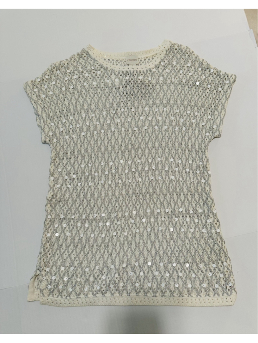 Chicos 1 Elegant Knit Metallic Sequin Holiday Party Blouse Size: 8 MSRP $99 NWT